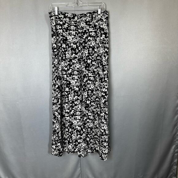 Womens Y2K Express Black & White Floral Maxi Skirt Side Slit Rayon Grunge Sz Med - Picture 1 of 7